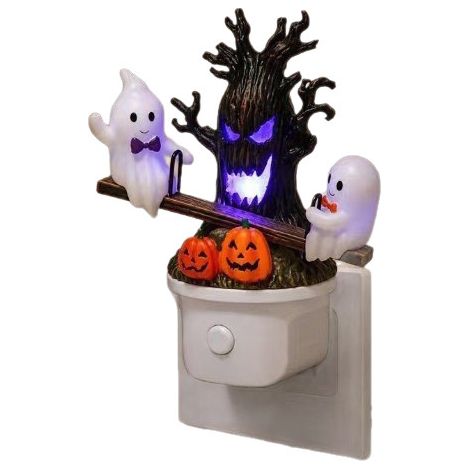 Veilleuse murale Halloween fantômes sur bascule et arbre monstrueux, décoration lumineuse pour prise secteur (1/5)