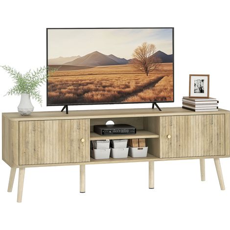 Mobile porta TV, adatto a televisori fino a 65 pollici, con 2 ante, 2 vani a giorno, ripiano regolabile, 140x35x49 cm, rovere.