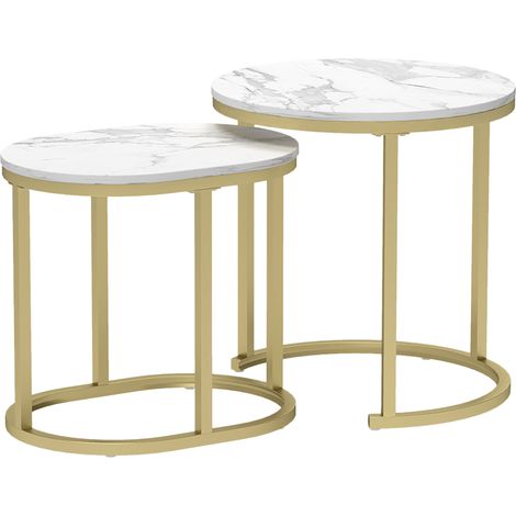 Set aus 2 stapelbaren, runden Beistelltischen mit Stahlgestell und weißer MDF-Platte (1/5)