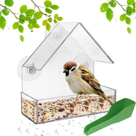 Mangeoire à Oiseaux Exterieur avec cuillère à Manger, ventouses Super-Fortes, capacité de semences élevée, Transparent, Acrylique, PVC 15 x 15 x 7 cm (1/5)