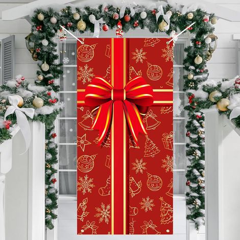 Grande Couverture de Porte Noel Bannière de Porte Noel Rouge Nœuds Toile de Fond Housse de Porte Rideau à Suspendre Decoration Noel Exterieur Interieur Maison Nouvel an Fournitures, 90 x 185 cm (1/5)