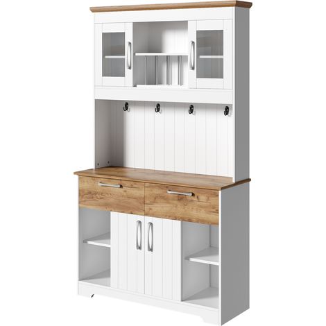 Hoher Küchenschrank mit Vitrine, 2 Schubladen, Haken und Türen, weiß/Holzoptik, 106 cm (1/5)