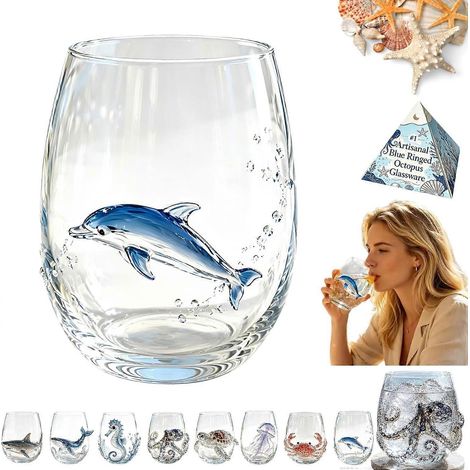 Verrerie artisanale pieuvre à anneaux bleus verre à vin 3D sans pied pieuvre verre de bar fantaisie dauphin (1/5)
