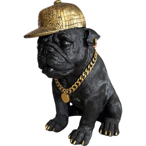 Dekofigur Mops mit Kappe & Kette 22 x 20,5 cm schwarz/gold