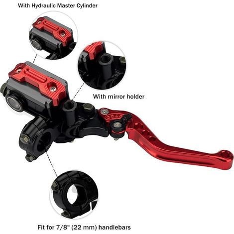 Frein Embrayage Maître-Cylindre Réservoir Leviers,Ensemble Poignée Leviers d'embrayage Pompe Supérieure Frein Réglable Hydrauliquement, Kit Levier d'embrayage Levier Frein Moto 7/8" Universels(Rouge)