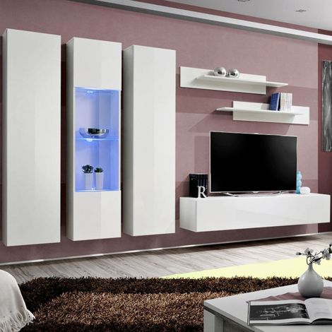 Ensemble Meuble TV Mural "Fly C5" 310cm Blanc (1/4)