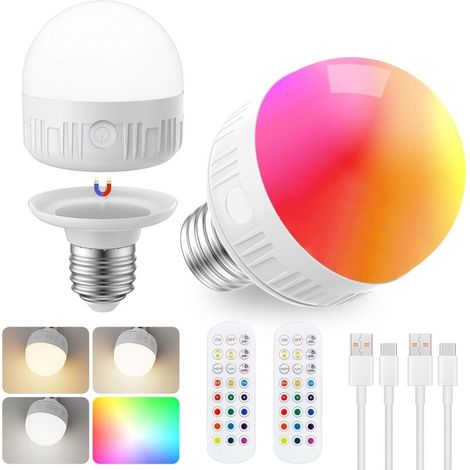 Wiederaufladbare Glühbirnen mit Fernbedienung – 8 W E26, dimmbar, 3 Farbtemperatureinstellungen, 15 RGB-Farben, magnetische Fassung für kabellose Nutzung, 2 Stück (1/5)