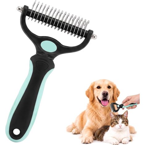 Brosse Chien et Chat Poil Long, Étrille Démêloir Double Face 17+9 Dents, Brosse Sous Poil pour Chien et Chat, Enlève les Nœuds et Poils Morts, Outil de Toilettage, Vert (1/5)