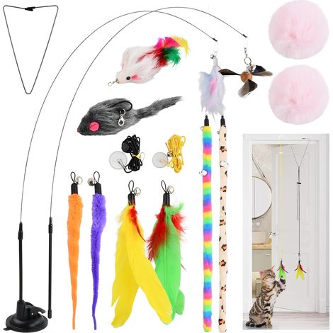 14 Pièces Jouet Chat Interactif, Rétractable Canne a Peche Jouet 2 bâtons de Baguette avec 11 Plumes de Remplacement Recharges, Jouet à Plumes pour Chats (1/5)