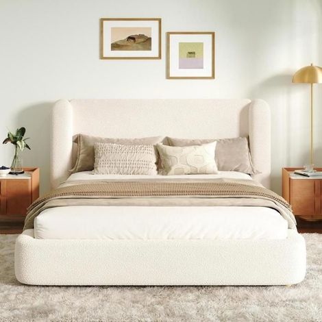 Lit - KOMHTOM - Lit capitonné 160x200 cm - Bouclé beige - Coffre hydraulique - Tête de lit 100 cm (1/5)