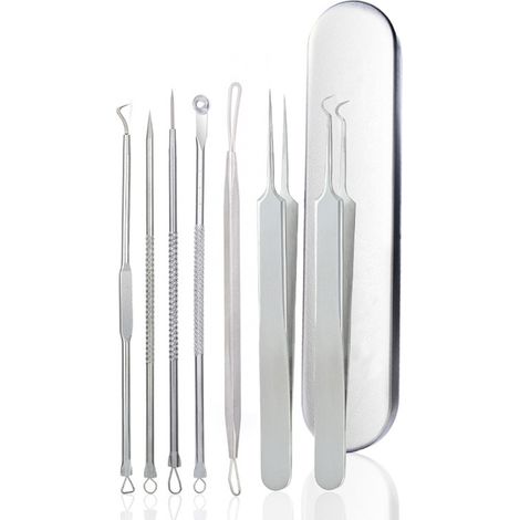 Extracteur De Comédons - Kit Outils Points Noirs Acier Inoxydable - Extraction Boutons Visage Corps - Étui De Rangement Inclus - Lot De 5 Pièces (1/5)