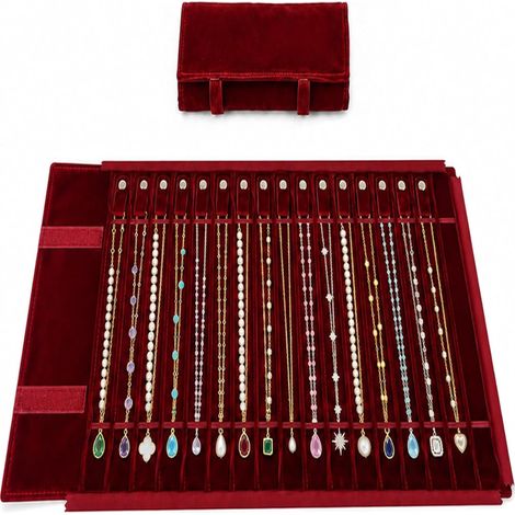 Pochette de rangement portable pour bijoux en rouleau, 16 compartiments, boîte de présentation anti-enroulement pour colliers (rouge jujube) (1/5)