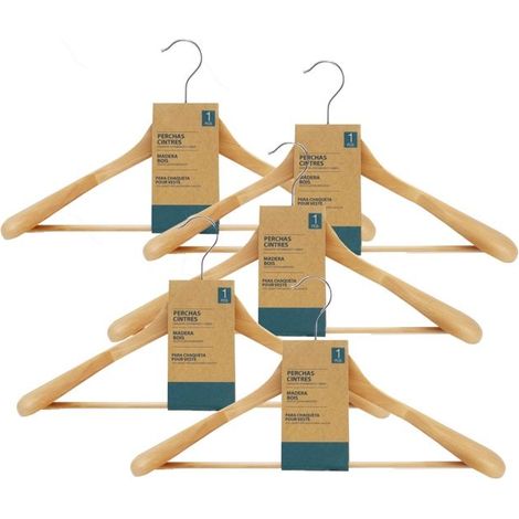 Cintre en bois - JUANIO - Lot de 5 - Antidérapant - Épaules larges - Barre pantalon