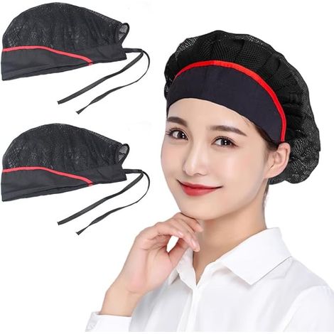 Lot de 3 filets à cheveux noirs avec accent rouge et nœud – Toques de chef respirantes pour la cuisine, la restauration et la transformation des aliments (1/5)