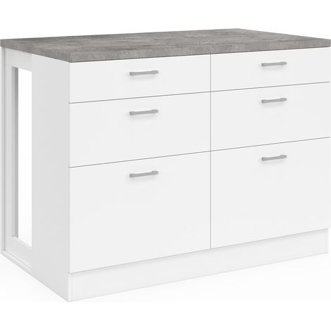 Idmarket – Îlot central mange-debout 120 cm – Casserolier 6 tiroirs blanc – Plan de travail effet béton – Pour cuisines ouvertes et petits espaces