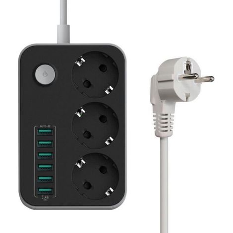 Multiprise Bureau - 3 Prises - 6 Ports USB - Câble 1,6 M - Noir - 1 Pièce (1/4)