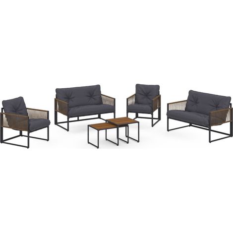 Idmarket – Salon de jardin bas 6 places – Structure métal gris anthracite – Cordage effet rotin – Coussins gris ultra confortables