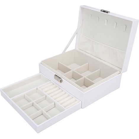 Boîte à bijoux en bois blanc, grande capacité, 2 niveaux, plusieurs compartiments, étui de voyage portable en cuir PU