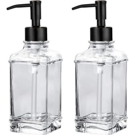 Kentop Lot de 2 Distributeur Savon Verre, Distributeur Liquide Vaisselle avec Pompe en Acier INOX, Flacon Pompe Vide 300ML