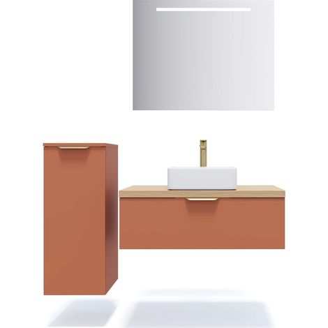 Meuble de salle de bain suspendu vasque à poser 90cm 1 tiroir Terracotta + miroir + colonne ouverture gauche - Venice (1/5)