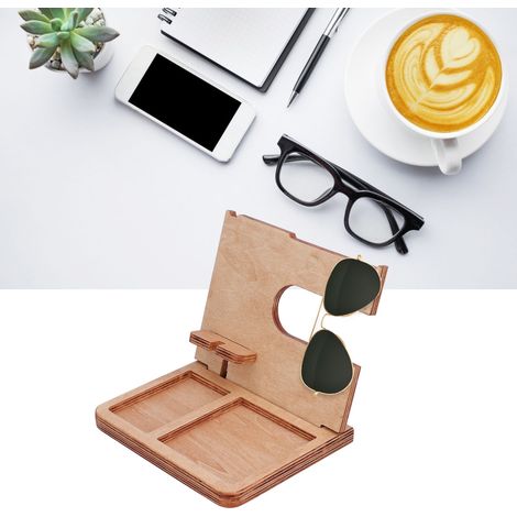Station d'accueil pour téléphone en bois, porte-clés, organisateur de rangement de bureau, traitement de surface poli, support pour lunettes (1/5)