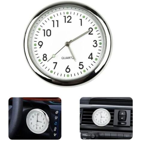 Orologio da auto rotondo bianco, adesivo luminoso per cruscotto, orologio al quarzo compatibile con tutte le auto (con clip per bocchetta dell'aria)