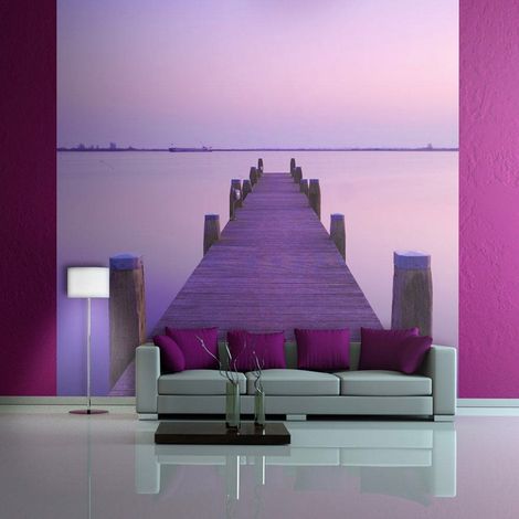 Papier peint coucher de soleil violet ponton sur le lac - 300 x 230 cm
