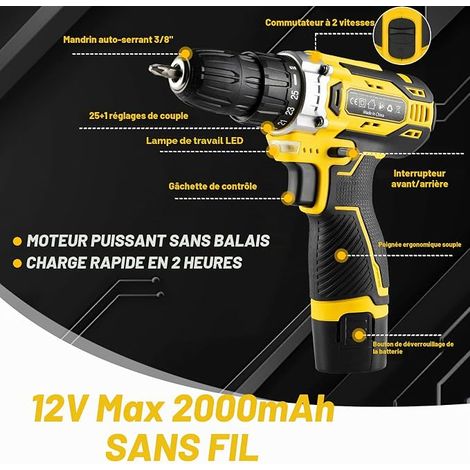 TLGREEN 12V Cordless Impact Drill Tool Box 138 Pieces Tool Box Complete with Drill for Repair, Maintenance and Work for Garden, Office, Home (Yellow) (1/4)