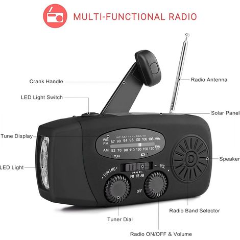 Filiyano – lampe torche - Batterie – Radio à manivelle avec cellules solaires / lampe torche - Batterie externe 2000 MAH (1/5)
