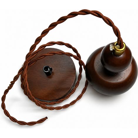 Suspension Luminaire, modèle câble torsadé marron 1 m avec boule couleur noyer et petit disque, douille bois pour abat-jour 150 g – Livraison gratuite (1/4)