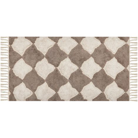 Alfombra de algodón marrón beige 80 x 150 cm patrón geométrico borlas Sinop