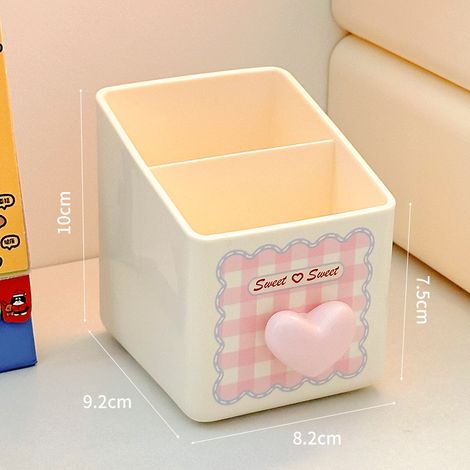 Boîte de rangement pour fournitures de bureau, 1 pièce, porte-stylos à deux niveaux avec motif de cœurs, grande capacité, rose (1/5)