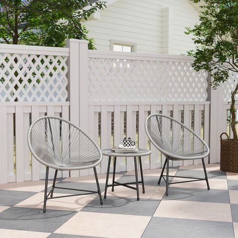 Ensemble de mobilier de jardin 3 pièces, 2 chaises en rotin synthétique, 1 table avec plateau en verre et structure en acier, pour l'extérieur, gris