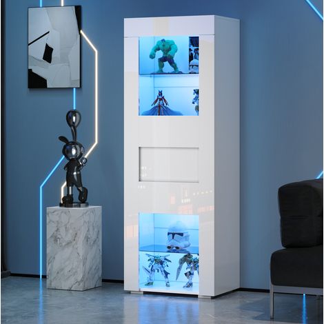 Vitrine 60 x 40 x 170 cm, mit LED Beleuchtung, Einzeltür aus Acryl, 4 Ablagebereiche, MDF und Glas, Weiß (1/5)