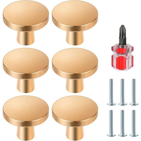 Set mit 6 runden Türknöpfen aus Aluminium – 30 mm große, goldfarbene, pilzförmige Schubladengriffe mit Schrauben, geeignet für Küchen und Badezimmer