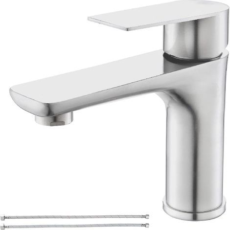 Robinet de salle de bain monotrou, acier inoxydable nickel brossé, robinet d'évier avec conduite d'alimentation (1/5)