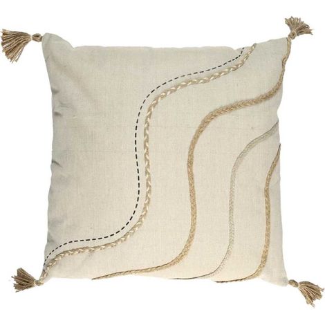 Coussin 40x40cm Beige Motifs Vagues Tressés avec Pompons (1/5)