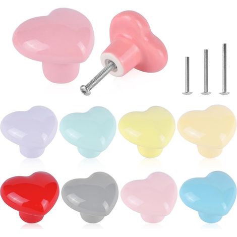 Lot de 10 Poignée, Céramique, Forme cœur, Multicolore, Armoire, Tiroir, Placard (1/5)