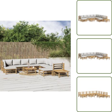 12-tlg. Garten-Lounge-Set mit Hellgrauen Kissen Bambus - Bambus Möbel - Gartenmöbel - Lounge Set - Esstisch - Sofa (1/5)