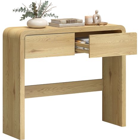 Konsolentisch mit 2 Schubladen, Konsolenmöbel, 100 x 30 x 85 cm, abgerundete Ecken und dicke Tischplatte, Naturholz (1/5)