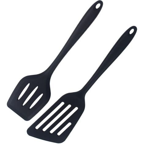 2 Pièces Spatule en Silicone à Fentes, Spatule Wok en Silicone, Spatule de Cuisine, Résistant à la Chaleur, Antiadhésives, Passe au Lave Vaisselle, pour la Cuisine, la Pâtisserie (Noir) (1/5)