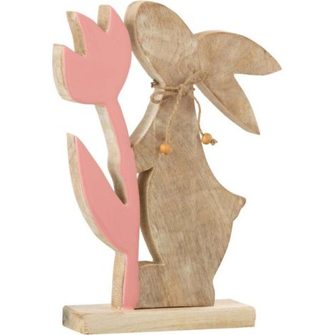 Statuette Déco "Lapin Fleur" 27cm Rose & Beige
