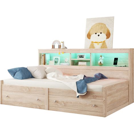 Lit banquette 90x200 avec 2 tiroirs, LED, 2 USB et 2 prises, sommier à lattes, bois clair, sans matelas, idéal pour petit espace  CHICFURN (1/5)