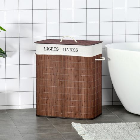 Panier à linge bambou 100L 2 compartiments - design moderne - rangement linge sale - couvercle et poignées - couleur marron