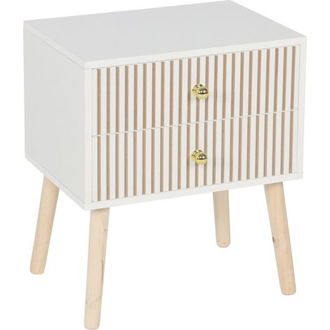 Mesita de noche Relaxdays, 2 cajones, frente acanalado, 47x40x30 cm, dormitorio, efecto madera, blanco natural (1/5)