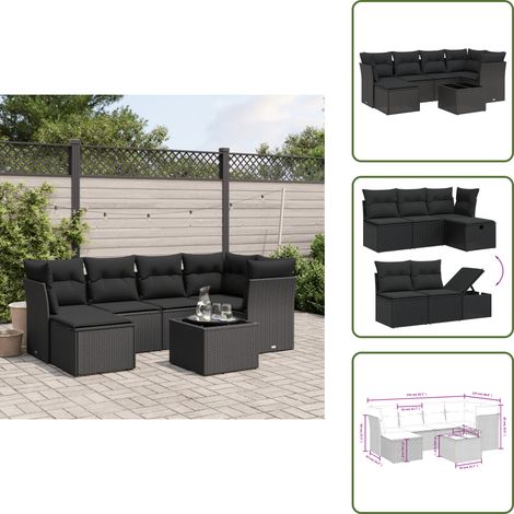 7-tlg. Garten-Sofagarnitur mit Kissen Schwarz Poly Rattan - Gartenmöbel Set - PE-Rattan Gartenmöbel - Outdoor Sofa - Esstisch Set - Lounge Set (1/5)