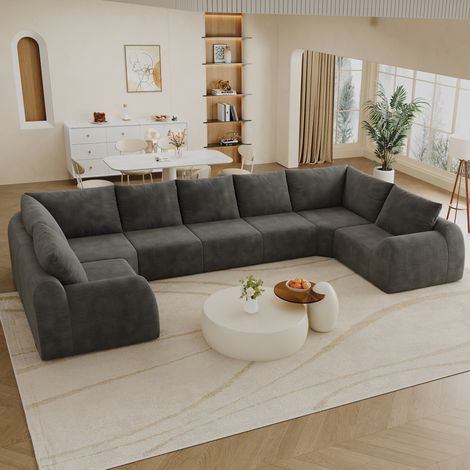 Canapé d'angle en U, canapé modulable 7 places en tissu chenille gris foncé, sans cadre, mousse haute élasticité, livré compressé sans montage, 411 × 200 × 85 cm, salon et appartement