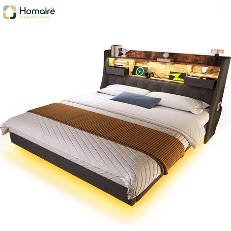 Cadre de lit gris en tissu avec rangement et port USB 211 x 167 x 114 cm HOMAIRE (1/5)