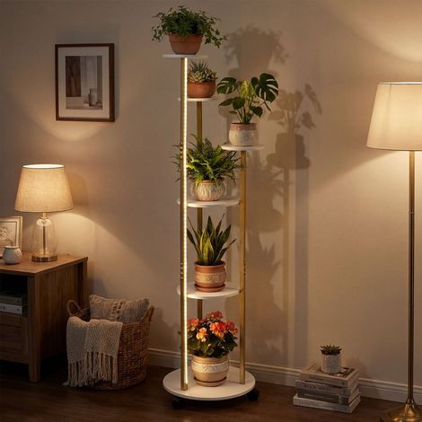 Support à plantes d'intérieur, étagère d'angle 6 niveaux avec roulettes verrouillables, lumières LED 16 couleurs - blanc et or (1/4)