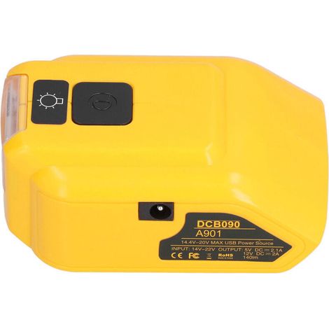 Chargeur de batterie avec lumière LED et sortie USB, adaptateur 14V-22V vers 12V DC, modèle DCB090 pour éclairage de travail. (1/5)